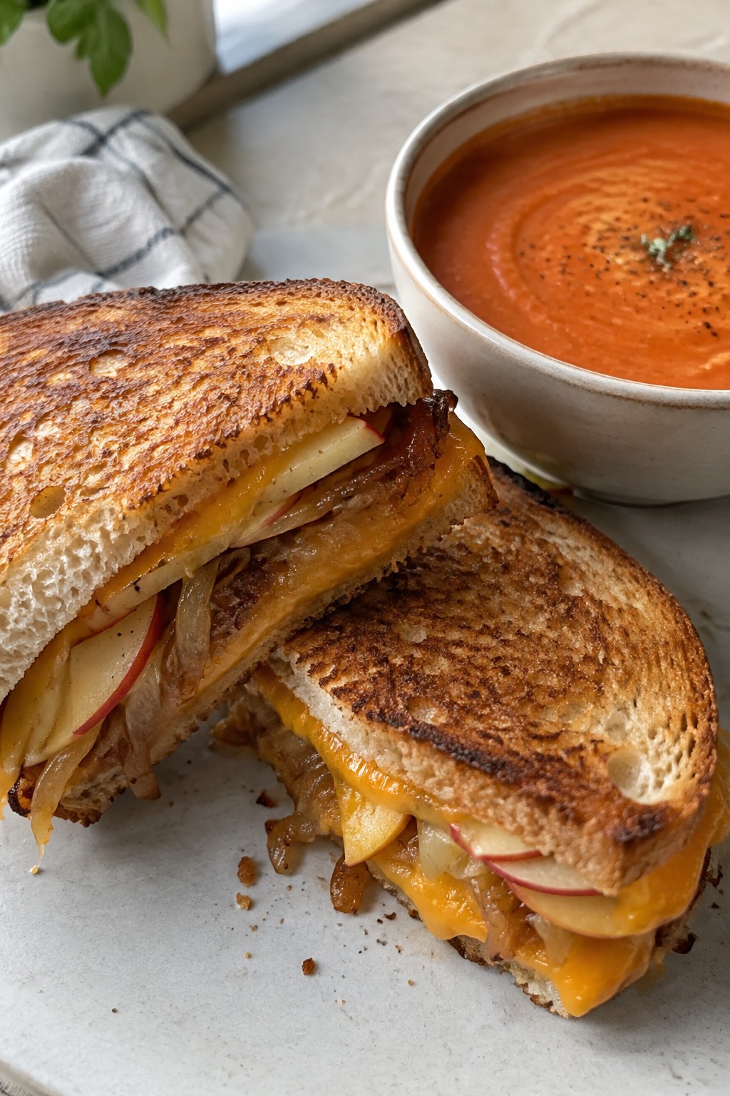 Caramelized Onion and Apple Grilled Cheese with Tomato Bisque