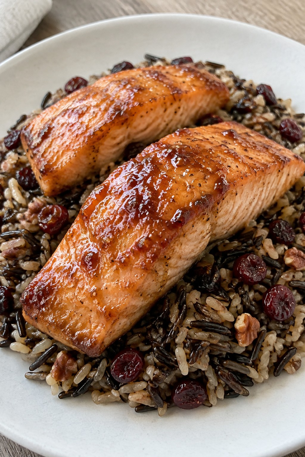 Maple-Glazed Salmon with Wild Rice and Cranberries