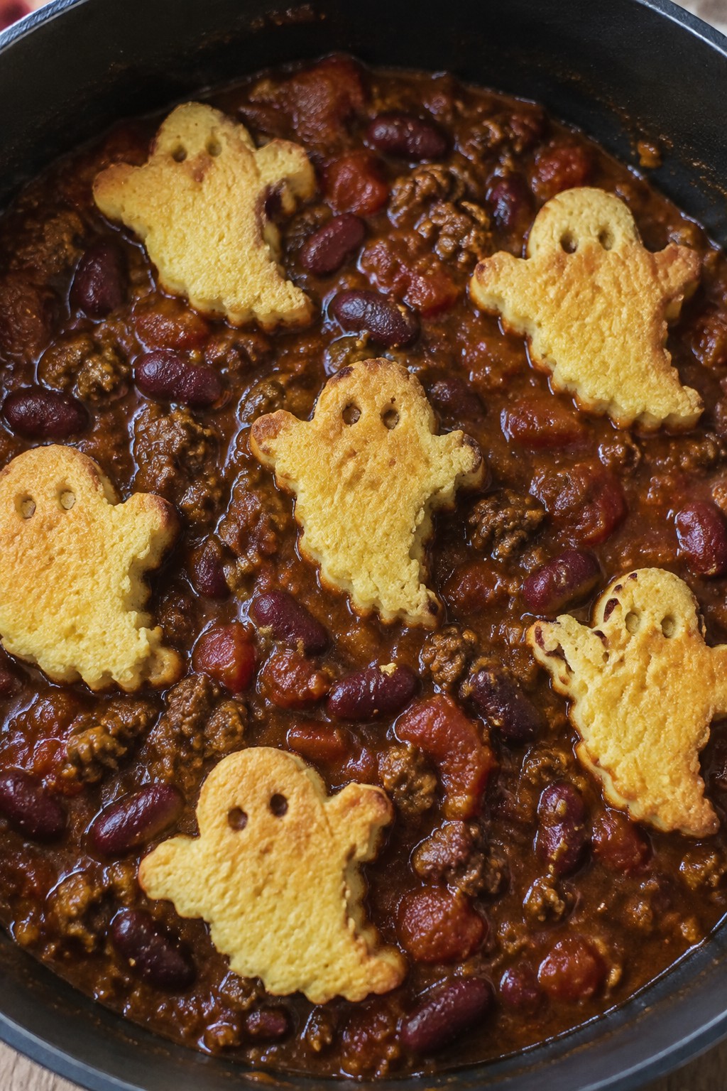 Spiced Beef Chili with Ghostly Cornbread Topping