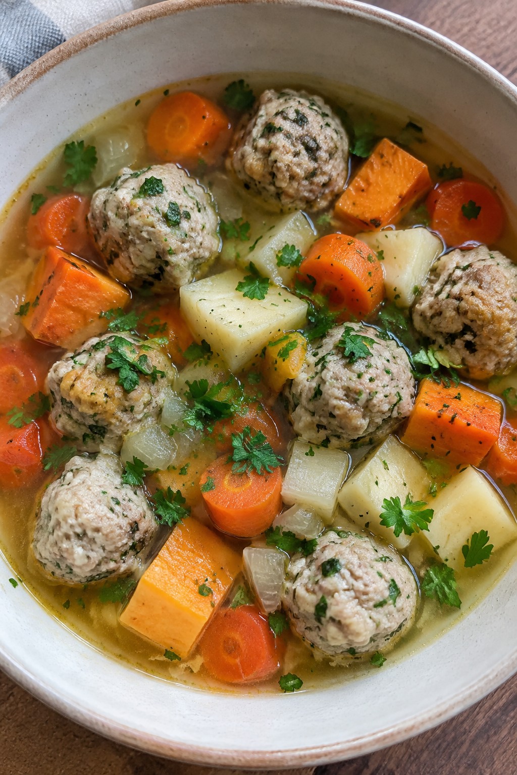 Turkey Meatball Soup with Root Vegetables and Herbs