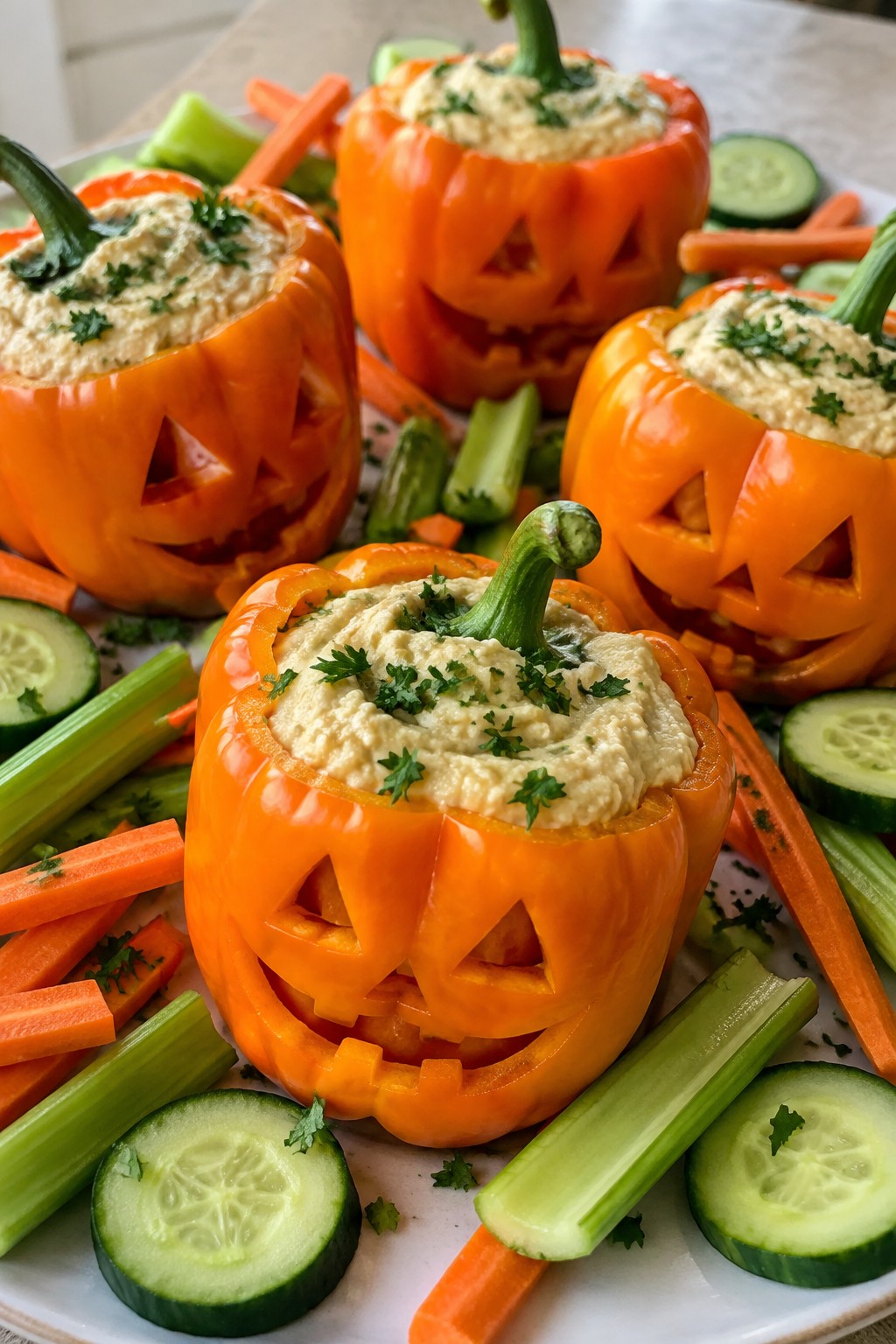 Jack-o'-Lantern Veggie Hummus Cups