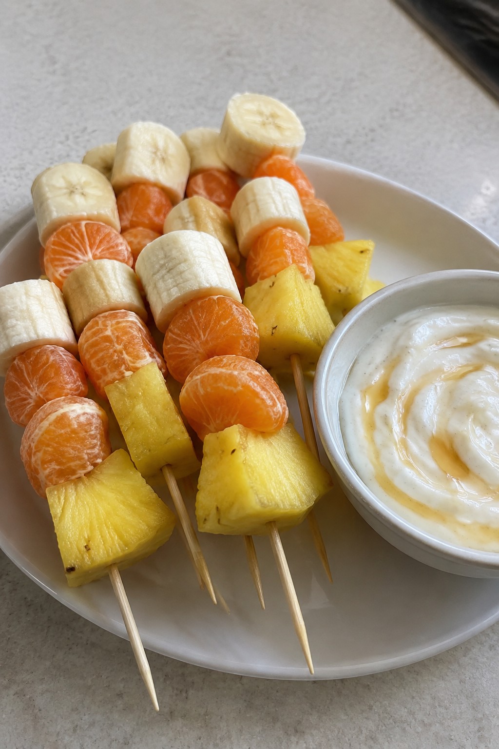 Candy Corn Fruit Skewers with Yogurt Dip