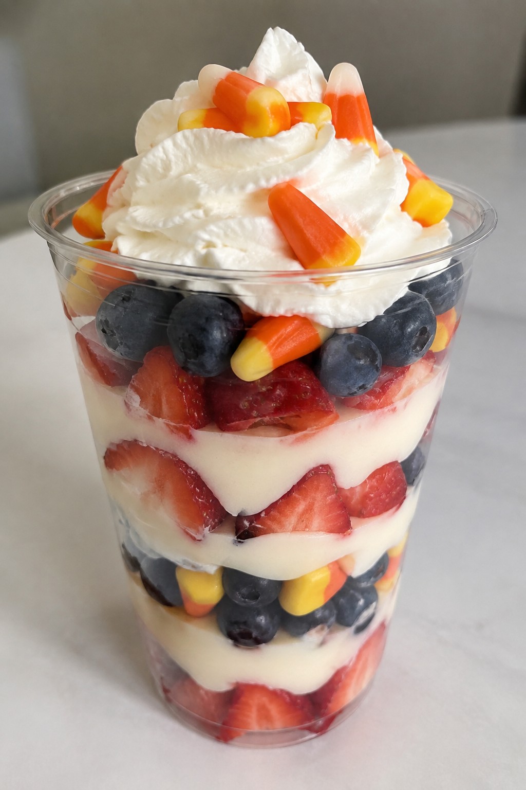 Candy Corn Trifle with Vanilla Pudding and Berries