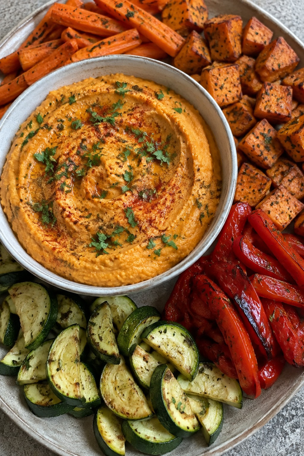 Pumpkin Hummus Platter with Roasted Veggie Dippers