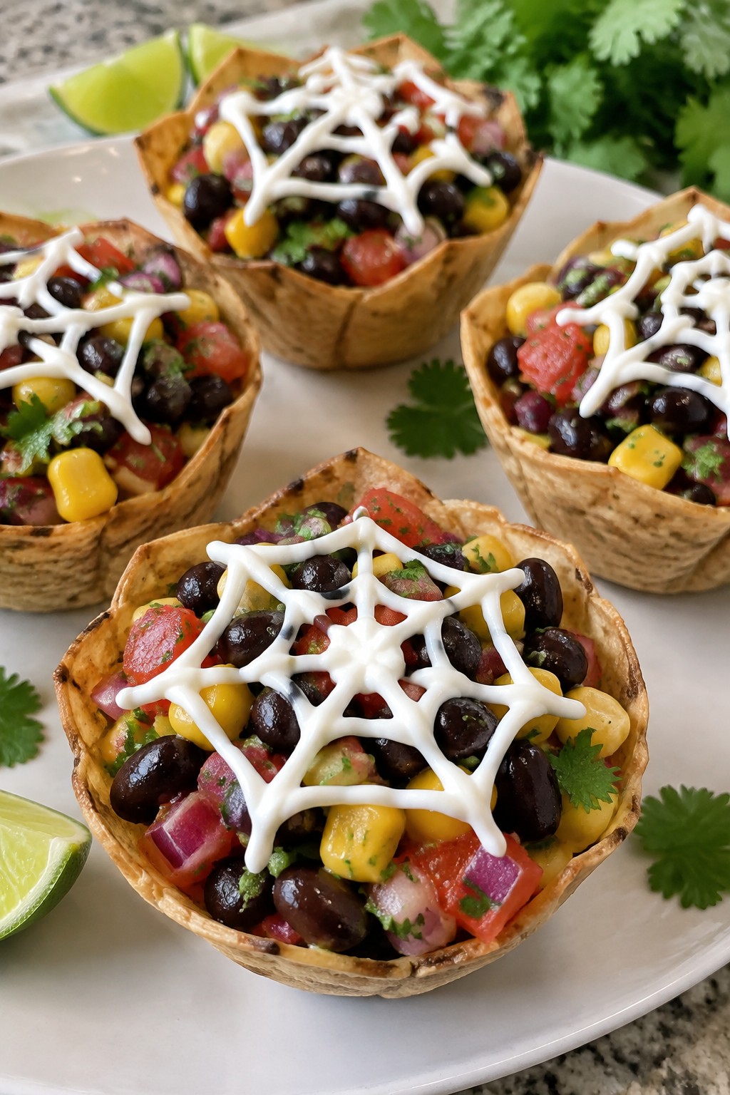 Spiderweb Black Bean and Corn Salsa Cups
