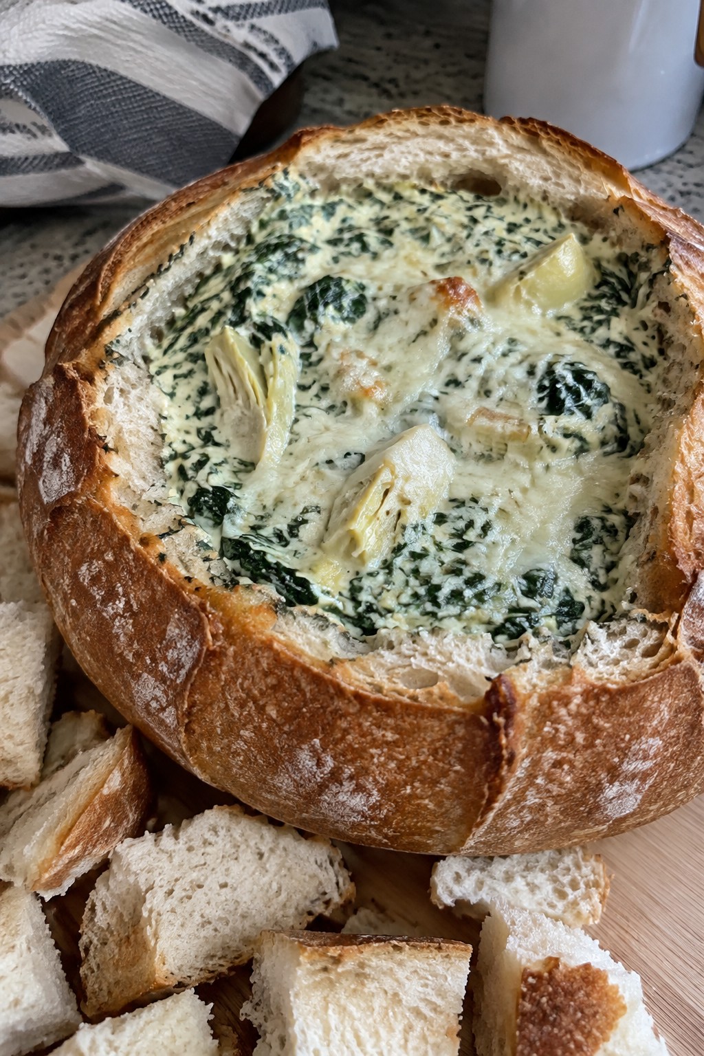 Witch’s Cauldron Spinach Artichoke Dip in Sourdough Bowl