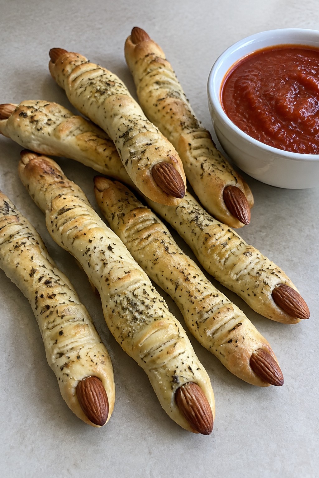 Witch Finger Breadsticks with Marinara Sauce