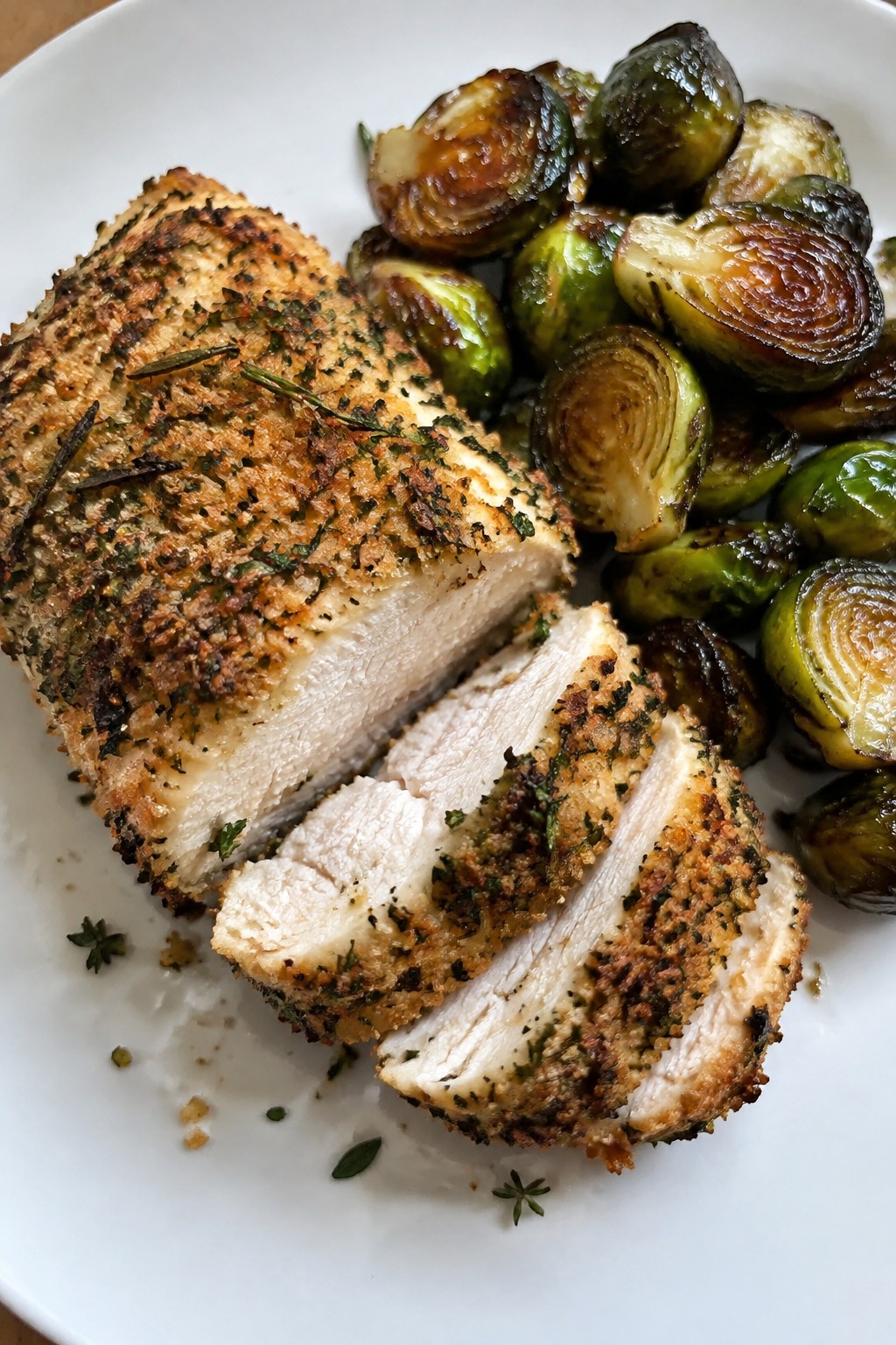 Herb-Crusted Chicken with Maple-Roasted Brussels Sprouts