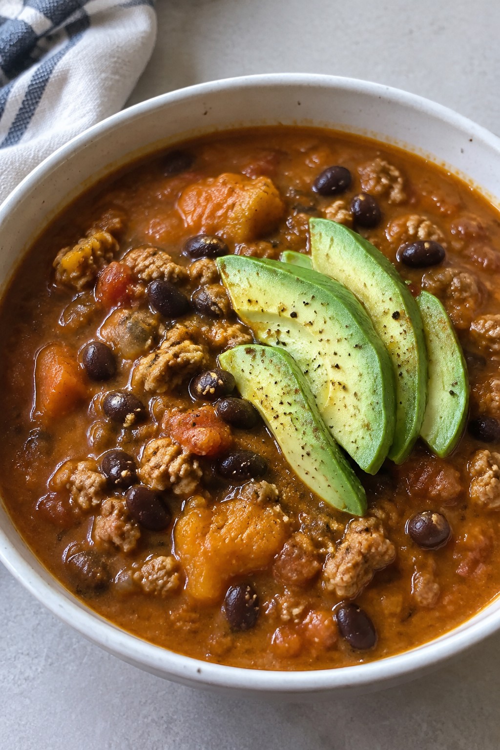 Spiced Pumpkin Turkey Chili with Avocado