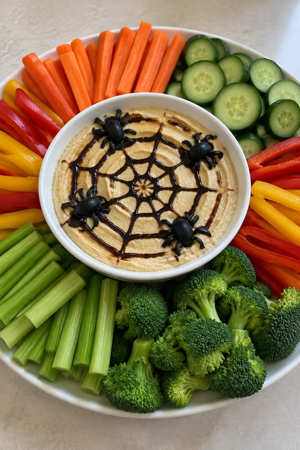 Spiderweb Hummus and Veggie Charcuterie Board