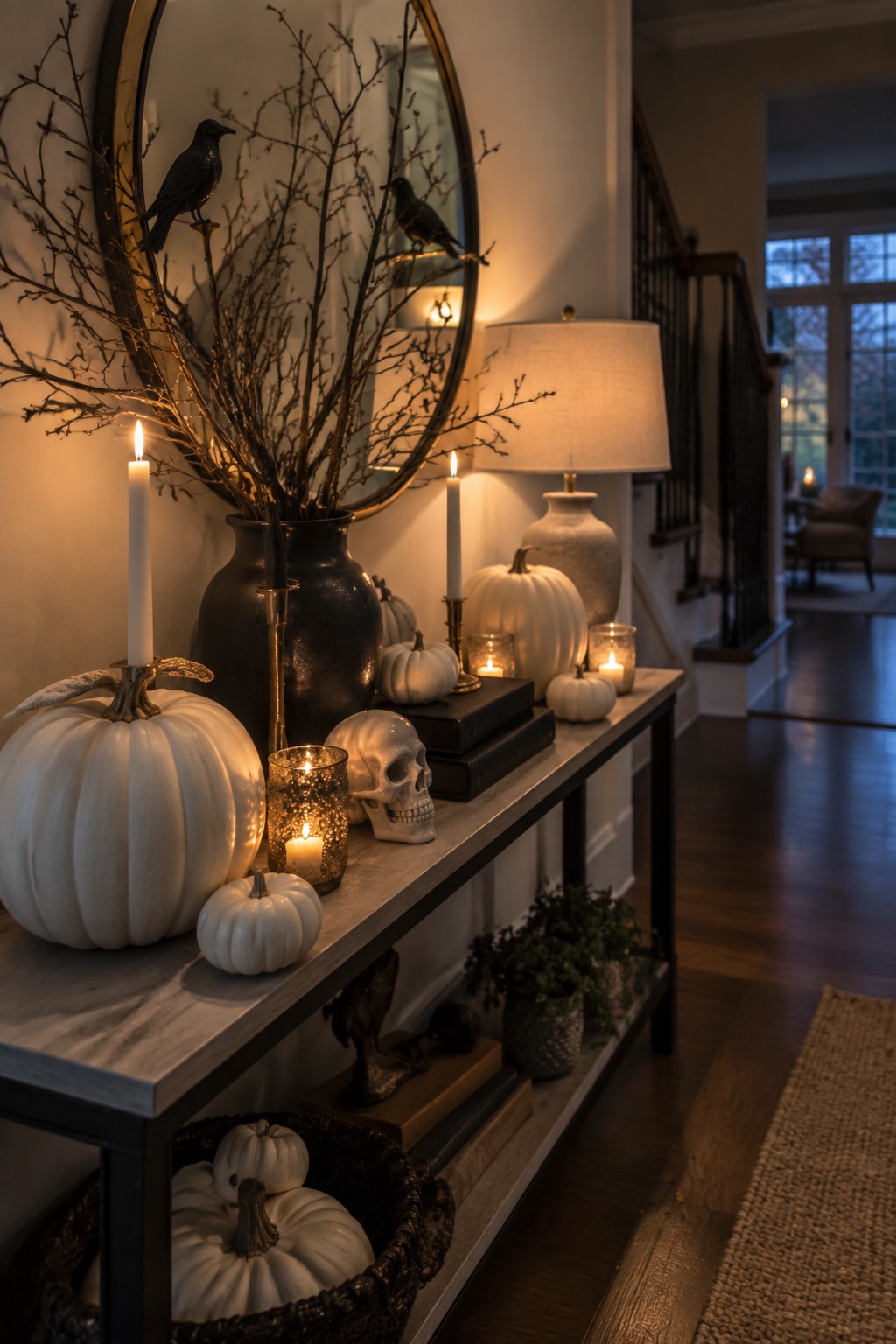 Console table styled with white pumpkins, black crows on branches, a skull, and candles in a neutral entryway.