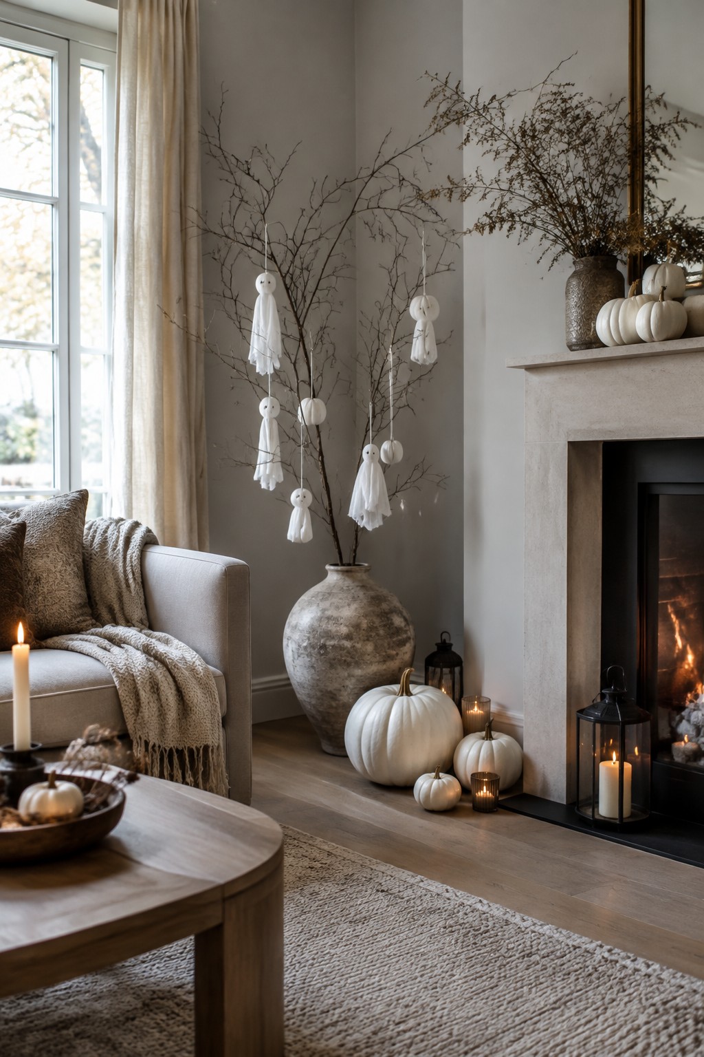 Living room corner featuring white fabric ghosts suspended from bare branches in a large vase, with white pumpkins and candles arranged on the floor beside a fireplace.