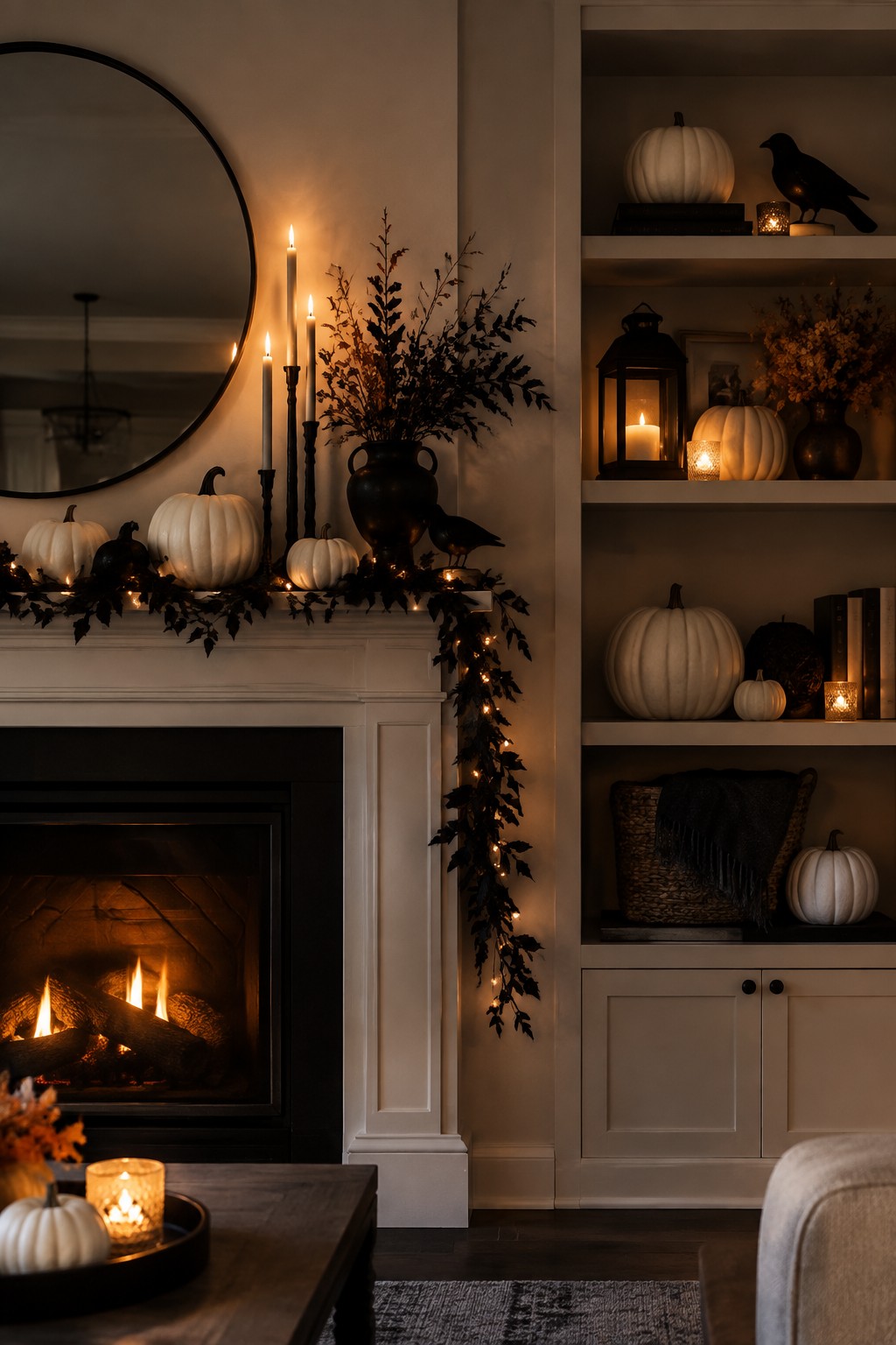 Cozy fireplace mantel with white pumpkins, lit candles, autumn garland, and string lights