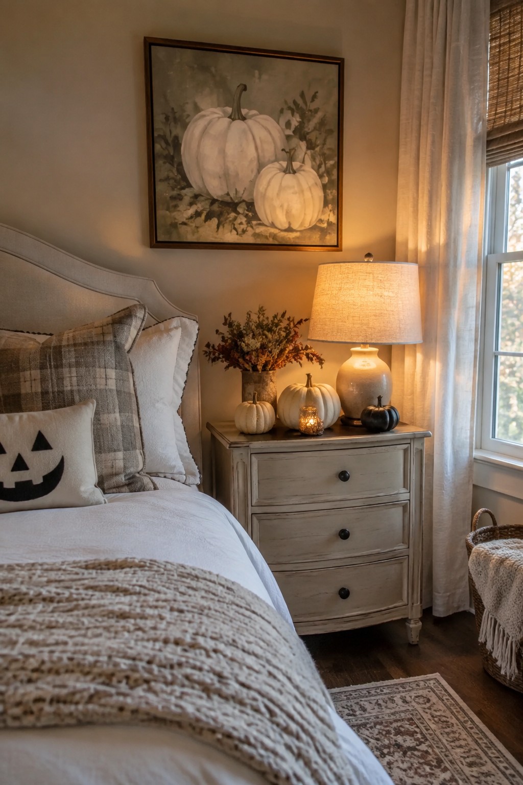 Neutral bedroom with a jack-o'-lantern pillow on the bed and white pumpkins arranged on the nightstand beside a lit lamp.