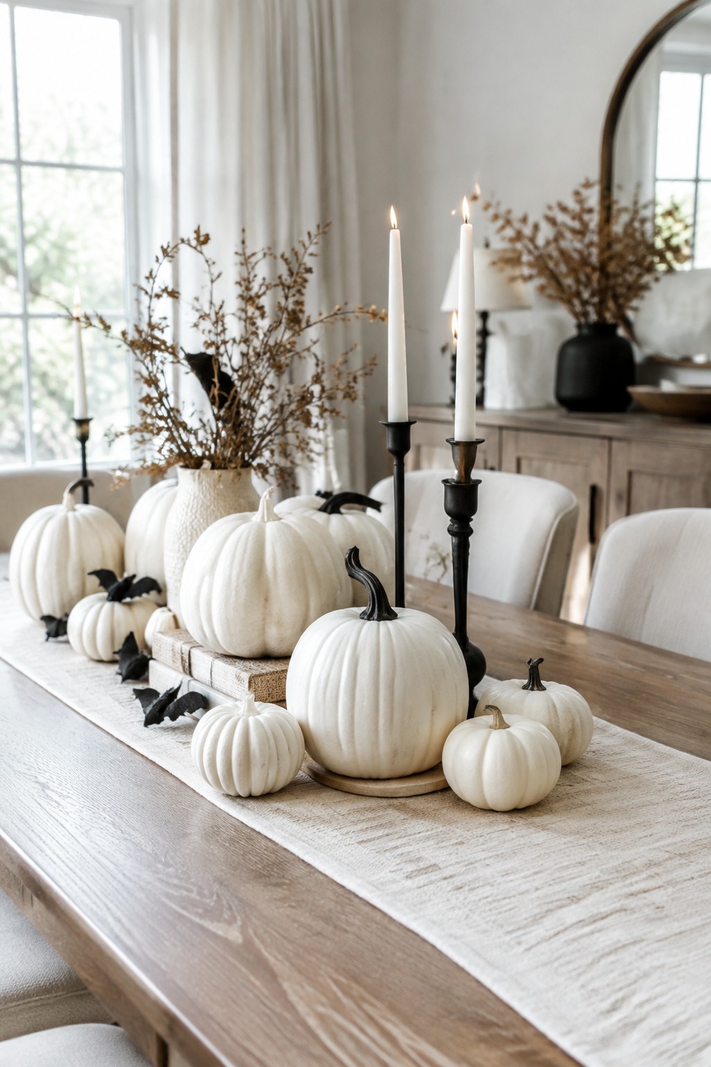 Dining table set with white pumpkins of various sizes, small black bat accents, and tall black candle holders along a neutral runner.