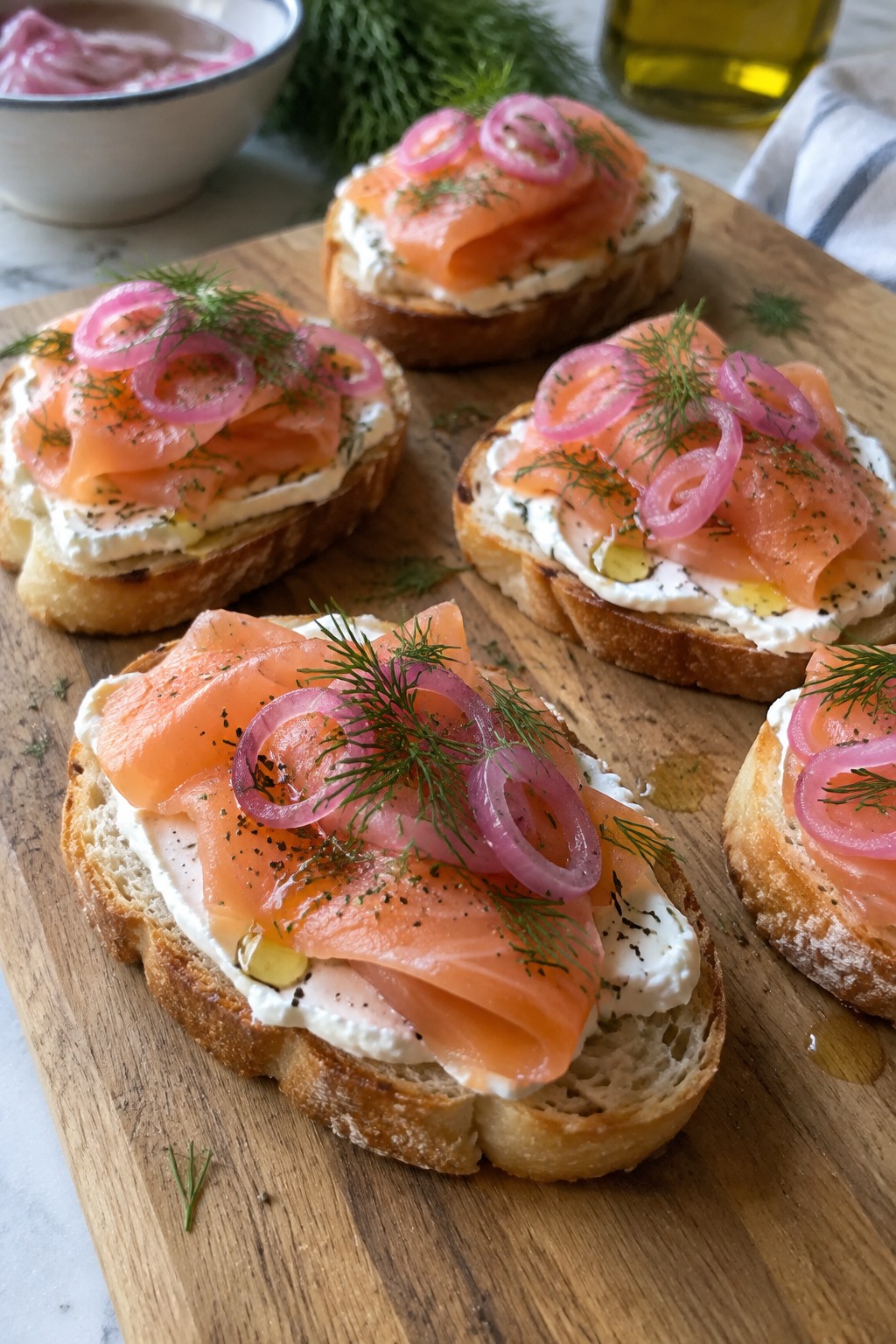 Smoked Salmon Crostini with Pickled Shallots