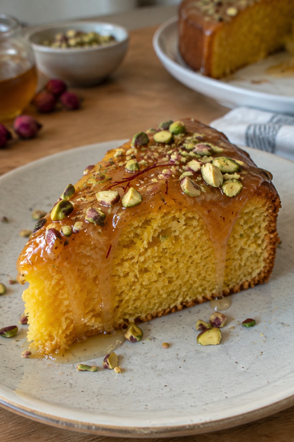 Saffron Honey Cake with Pistachio and Rosewater Glaze