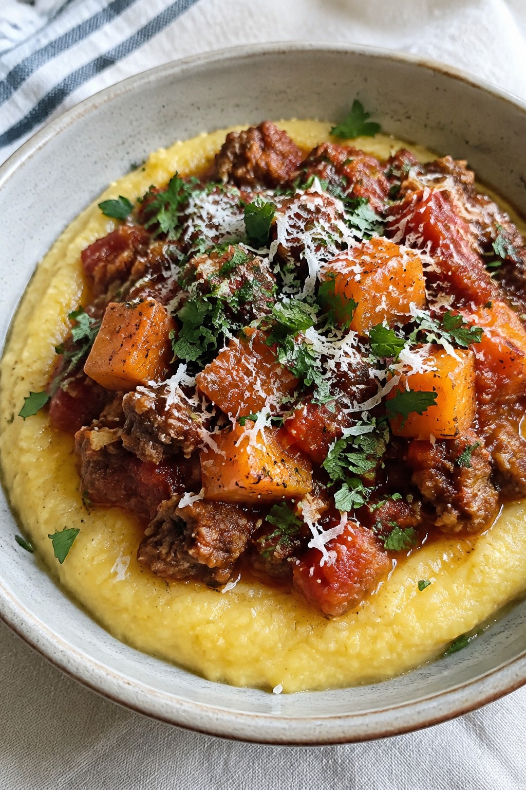 Crockpot Butternut Squash and Italian Sausage Ragout over Polenta
