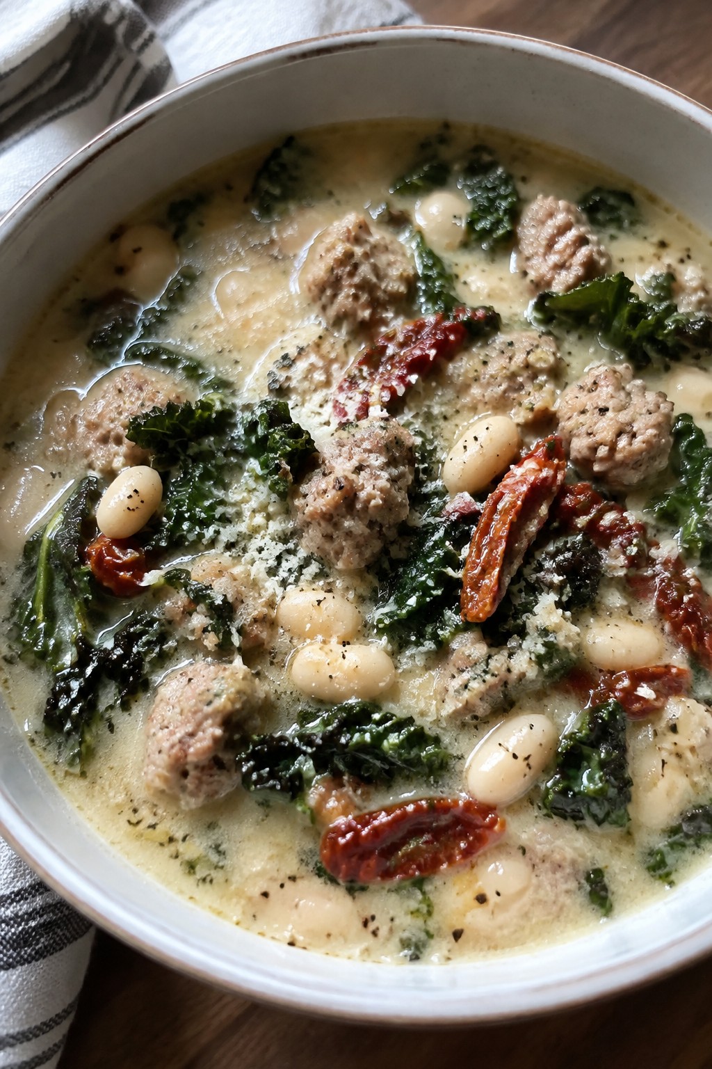 Crockpot Creamy Tuscan Sausage and Kale Soup with White Beans