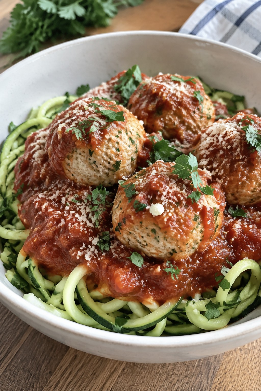 Crockpot Ghostly Garlic Parmesan Turkey Meatballs in Marinara with Zucchini Noodles