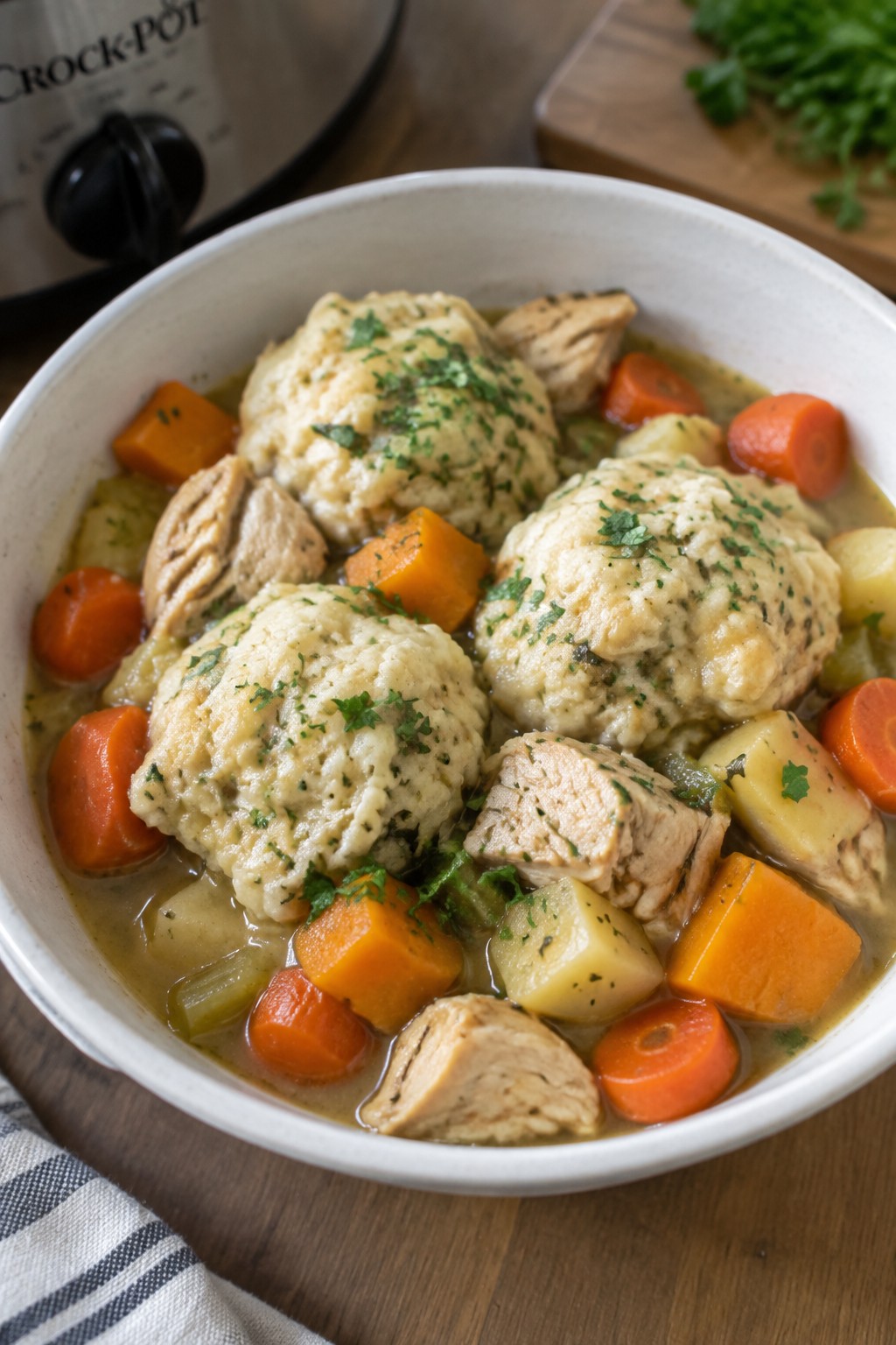 Crockpot Haunted Harvest Chicken and Vegetable Stew with Herb Dumplings