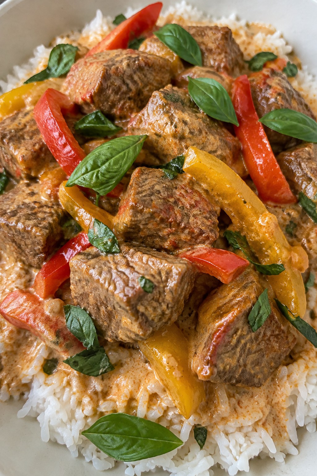 Crockpot Thai Coconut Curry Beef with Bell Peppers and Jasmine Rice