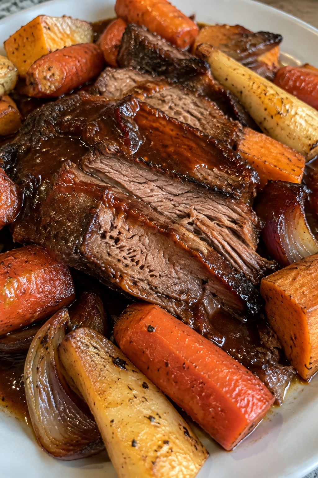 Slow Cooker BBQ Brisket with Roasted Root Vegetables