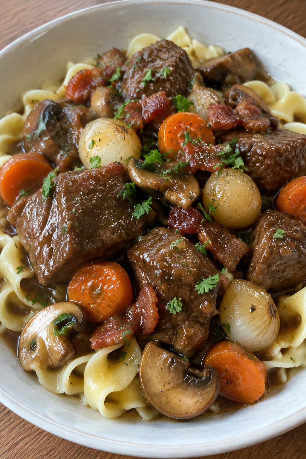 Slow Cooker Beef Bourguignon with Egg Noodles and Pearl Onions