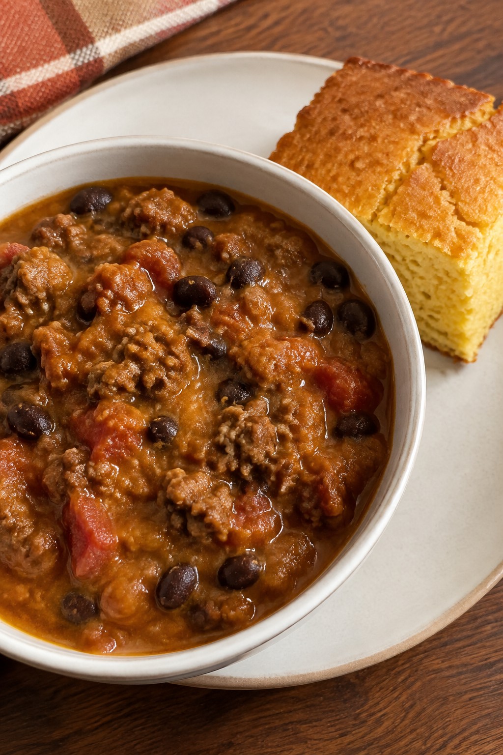 Slow Cooker Spiced Pumpkin Beef Chili with Black Beans and Cornbread