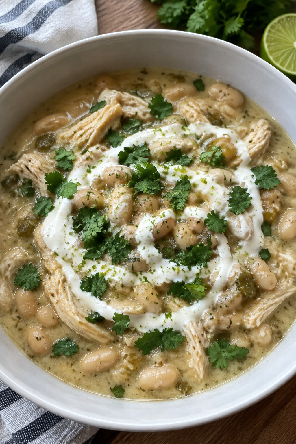 Slow Cooker White Chicken Chili with Green Chiles and Lime Crema