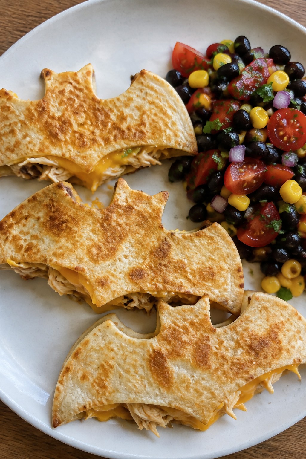 Bat-Shaped Chicken Quesadillas with Black Bean Salsa