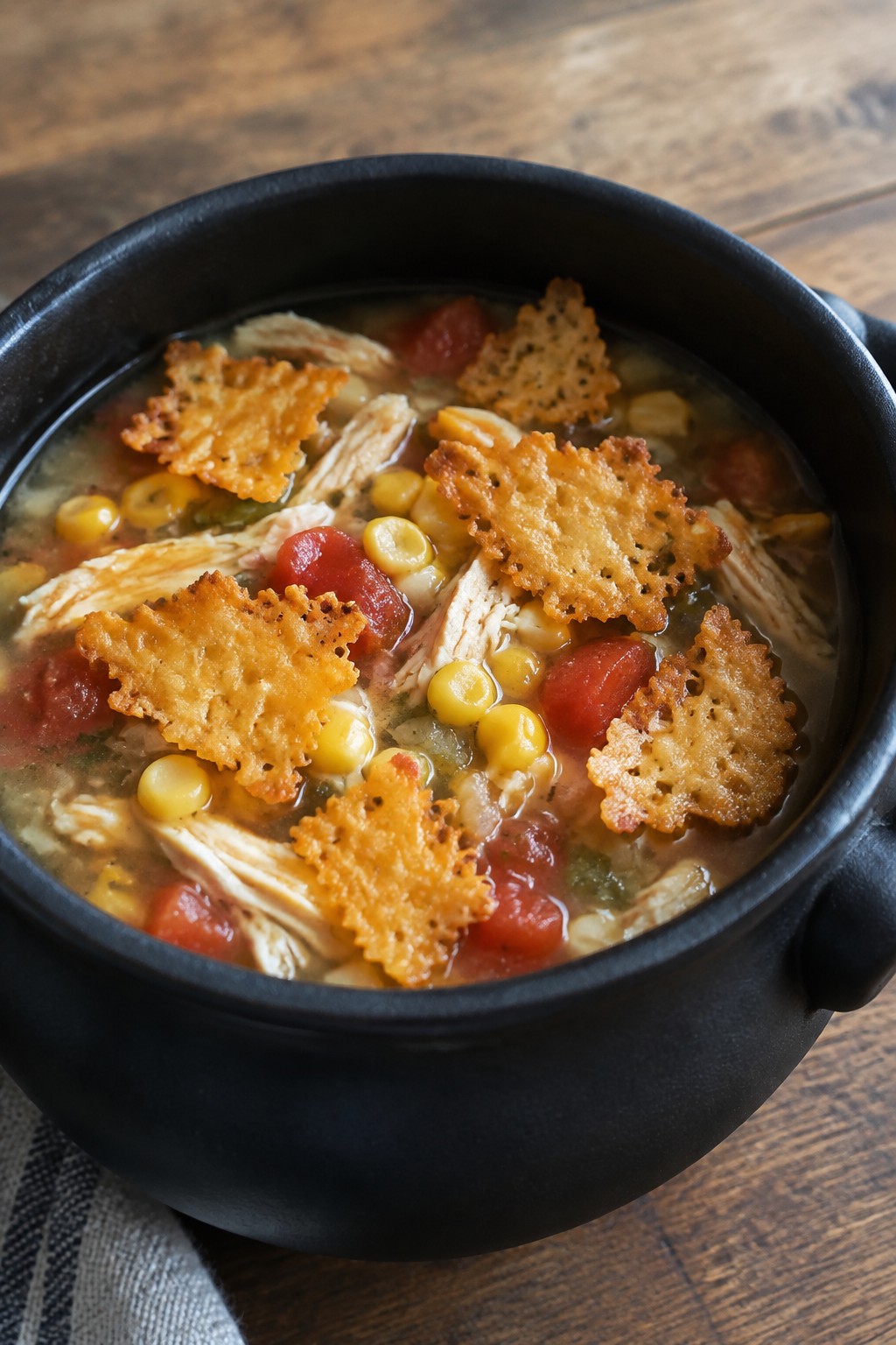 Cauldron Chicken Tortilla Soup with Cheese Crisps