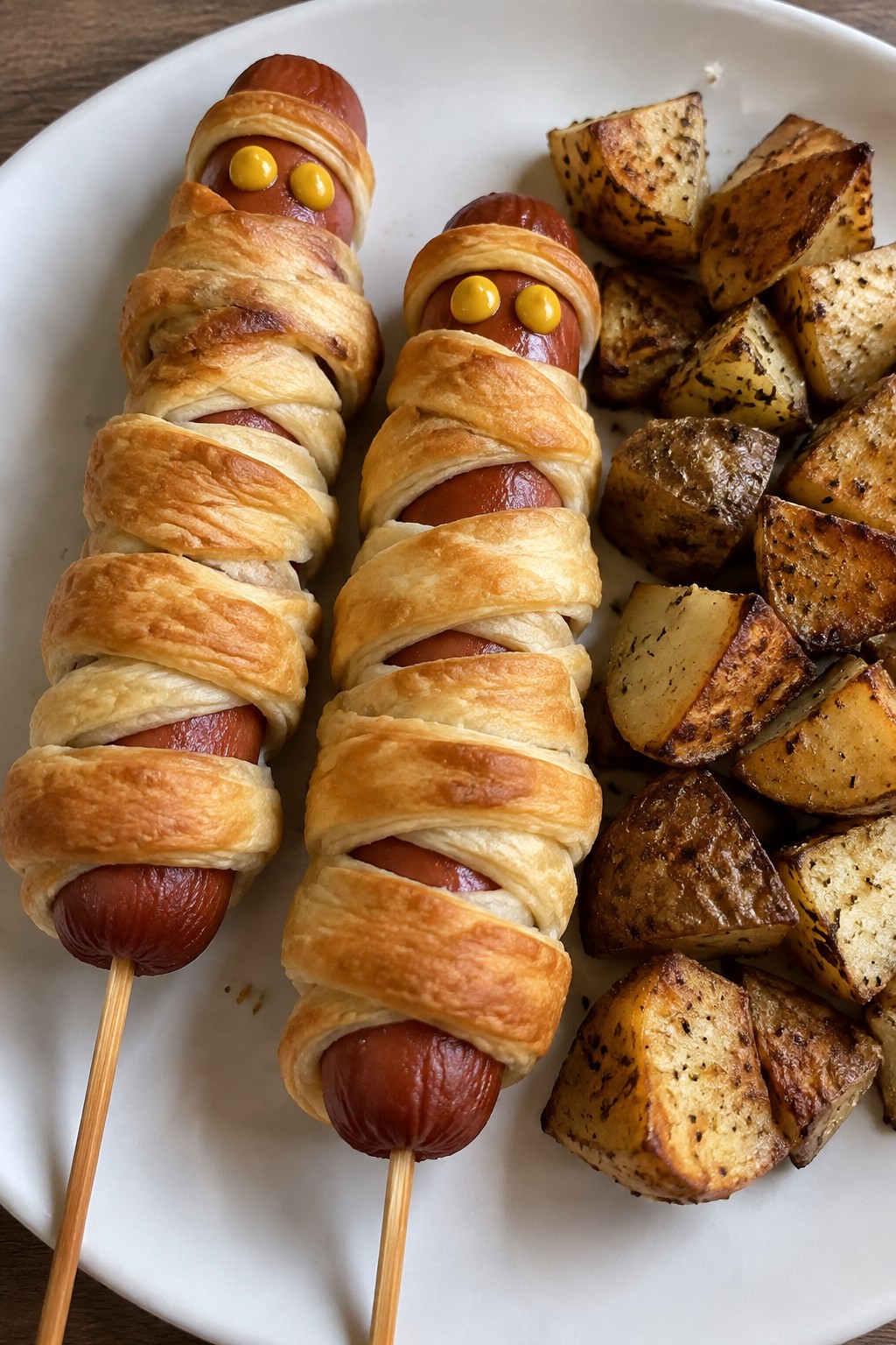 Mummy-Wrapped Hot Dog Skewers with Roasted Potato Bites