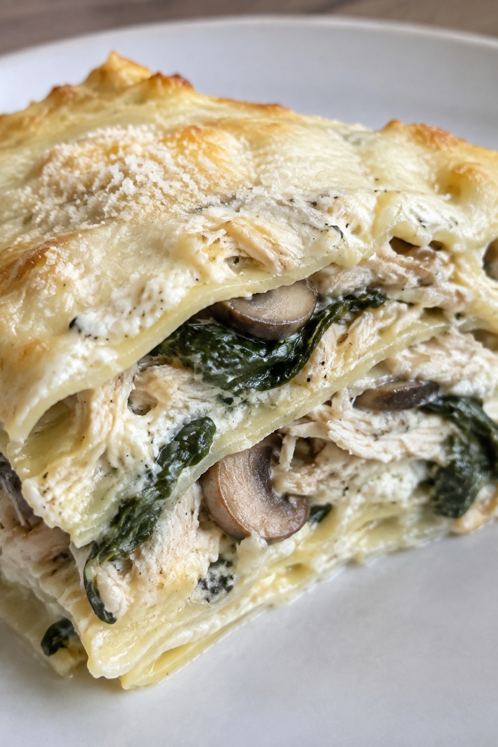 Ghostly White Chicken Lasagna with Spinach and Mushrooms