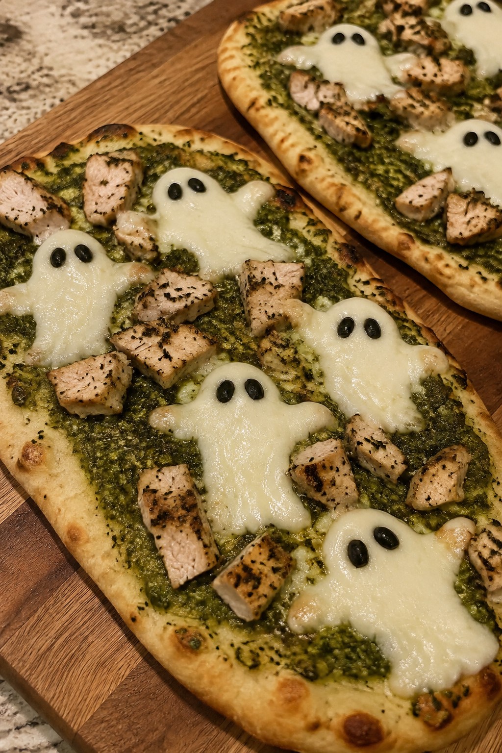 Ghostly Pesto Chicken Flatbreads