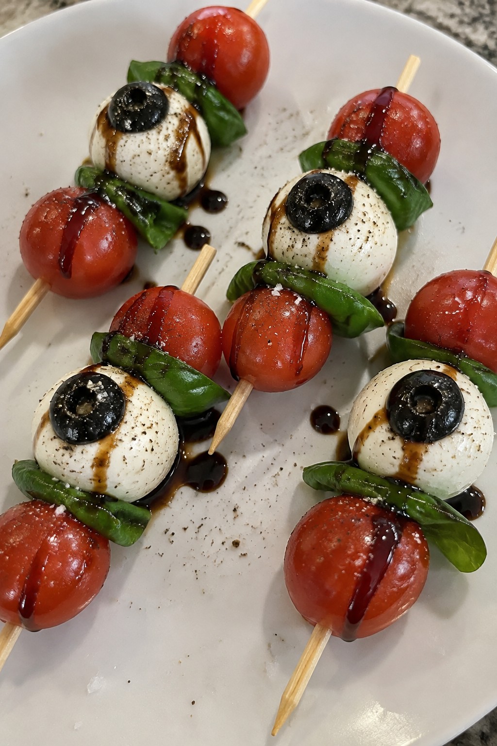 Monster Eyeball Caprese Skewers with Balsamic Glaze