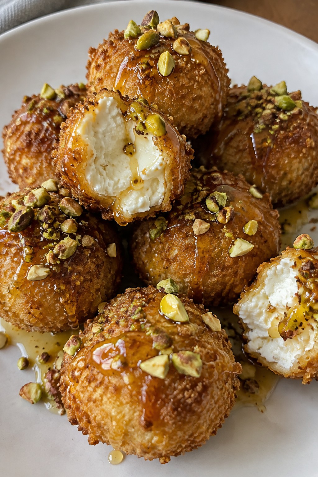 Crispy Goat Cheese Balls Drizzled with Hot Honey and Pistachios