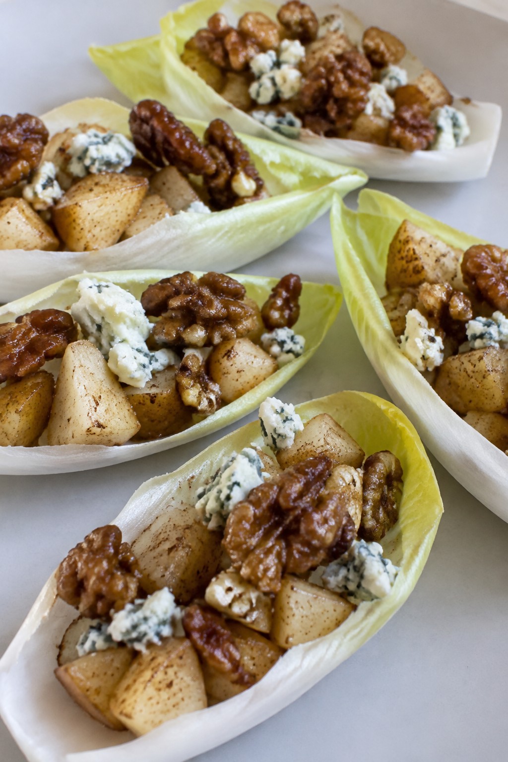 Spiced Pear and Gorgonzola Endive Cups with Candied Walnuts