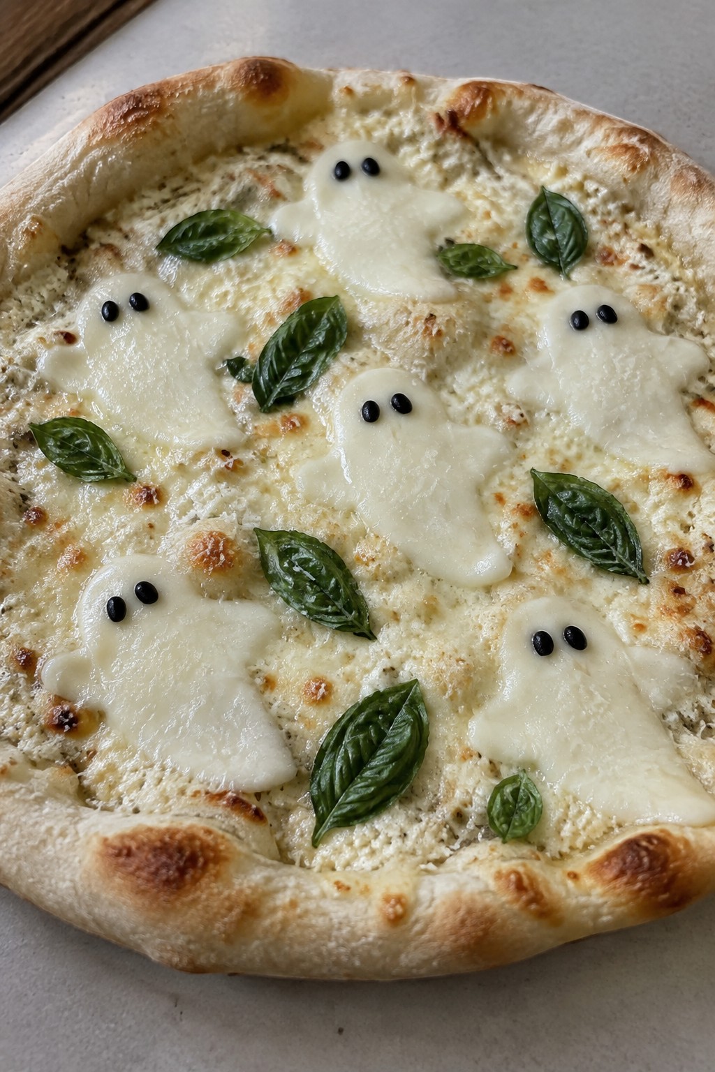 Ghostly White Pizza with Mozzarella Shapes
