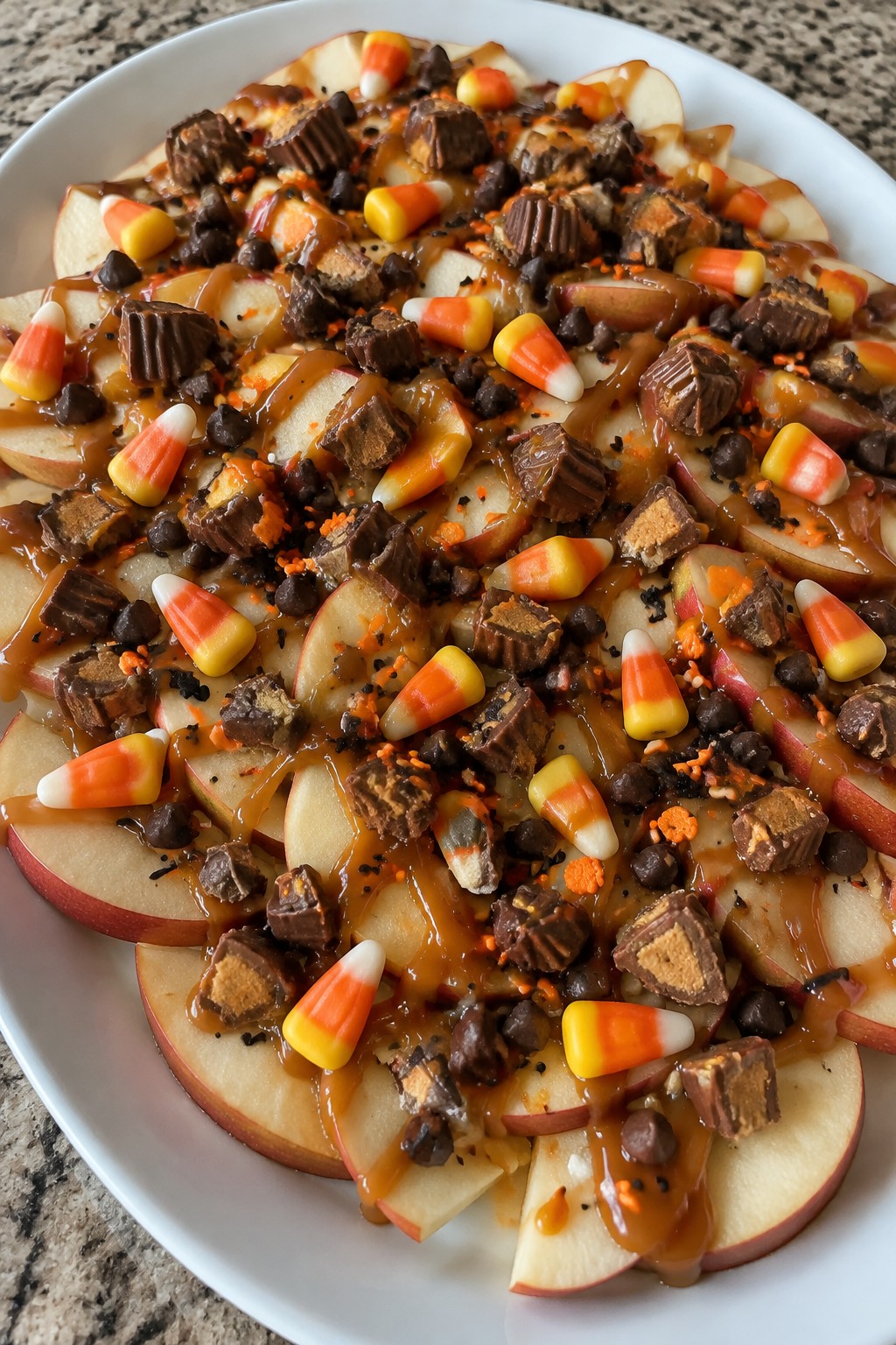 Caramel Apple Nachos with Candy Toppings