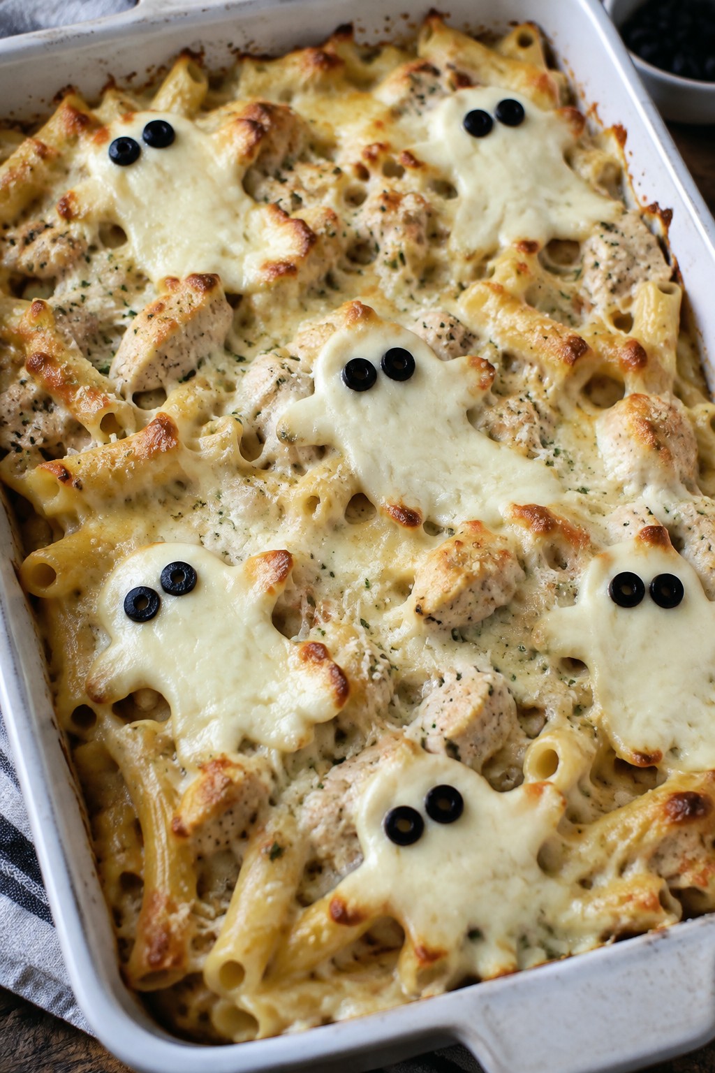 Ghostly Chicken Alfredo Baked Ziti