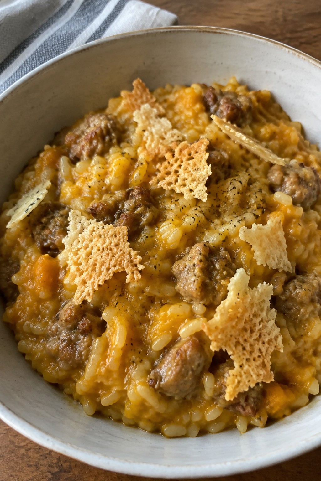 Pumpkin Sausage Risotto with Parmesan Crisps