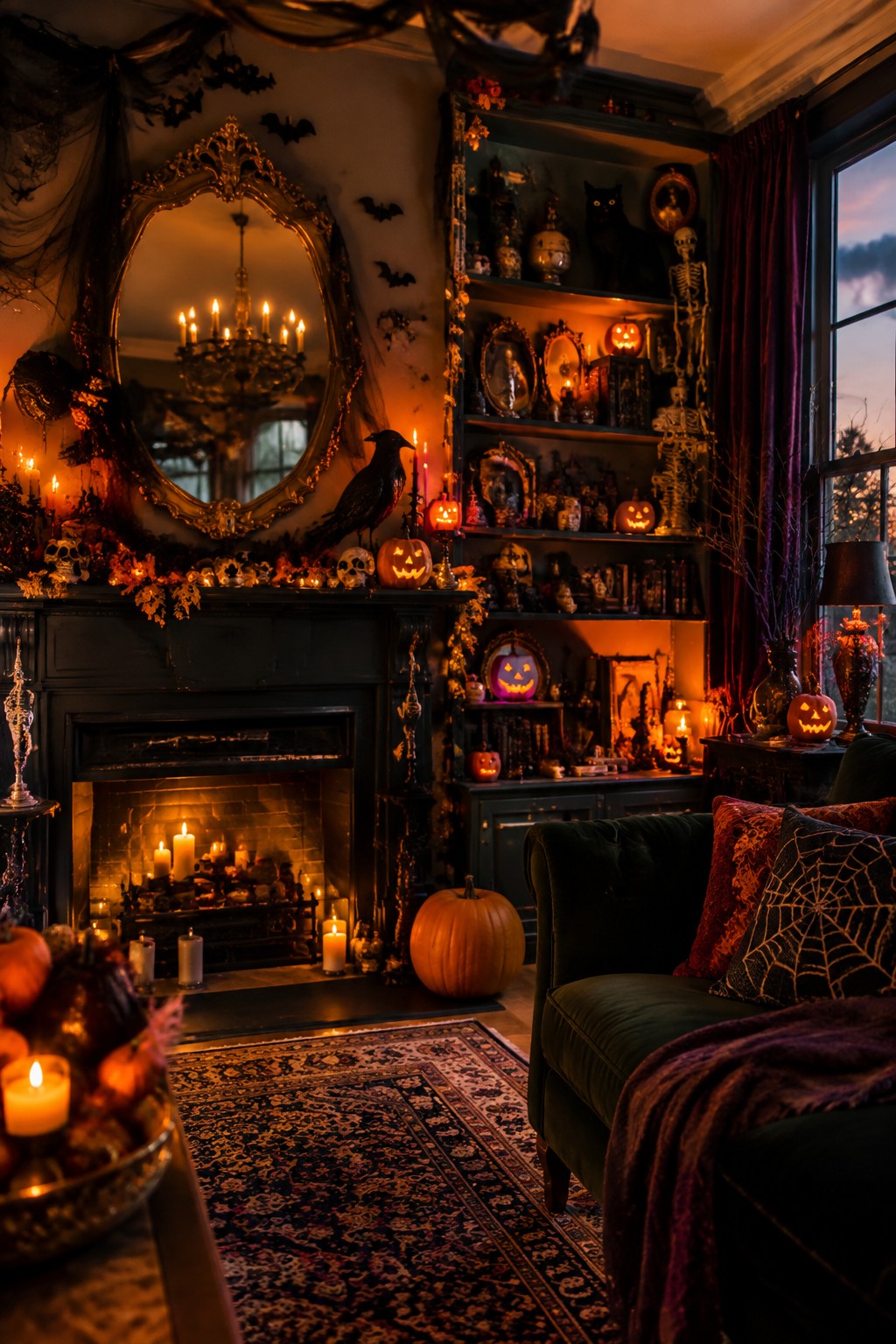 Living room fireplace mantel decorated with jack o lanterns, skulls, a black crow, candles, and bats on the wall above.