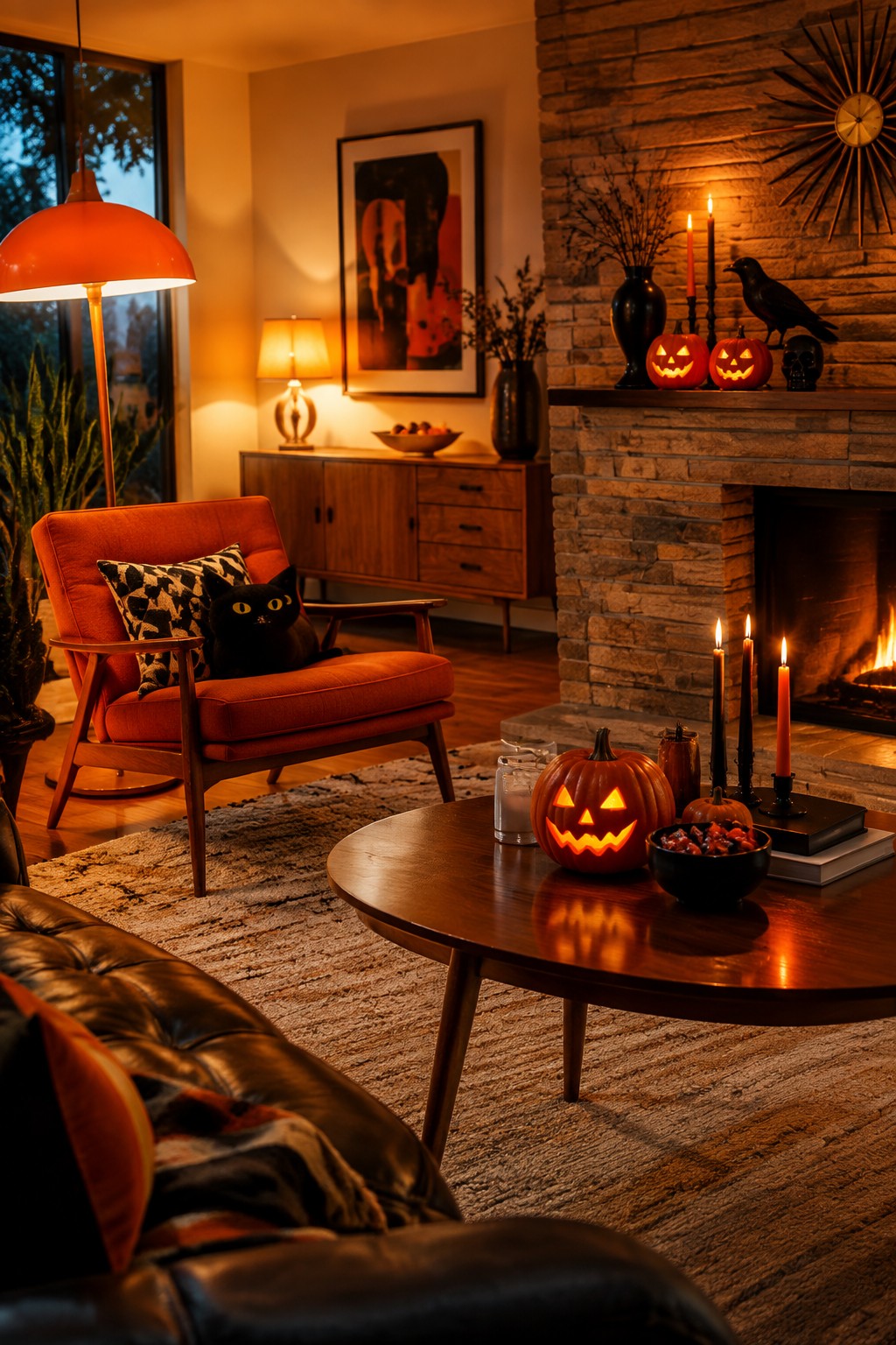 Living room fireplace mantel styled with carved jack-o'-lanterns, tall candles, a black crow figure, and a skull.