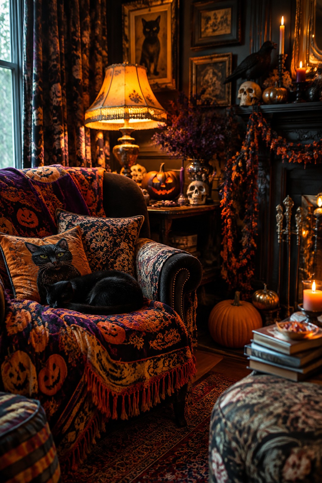 Living room fireplace mantel styled with skulls, jack o lanterns, candles, and dark garland for Halloween.