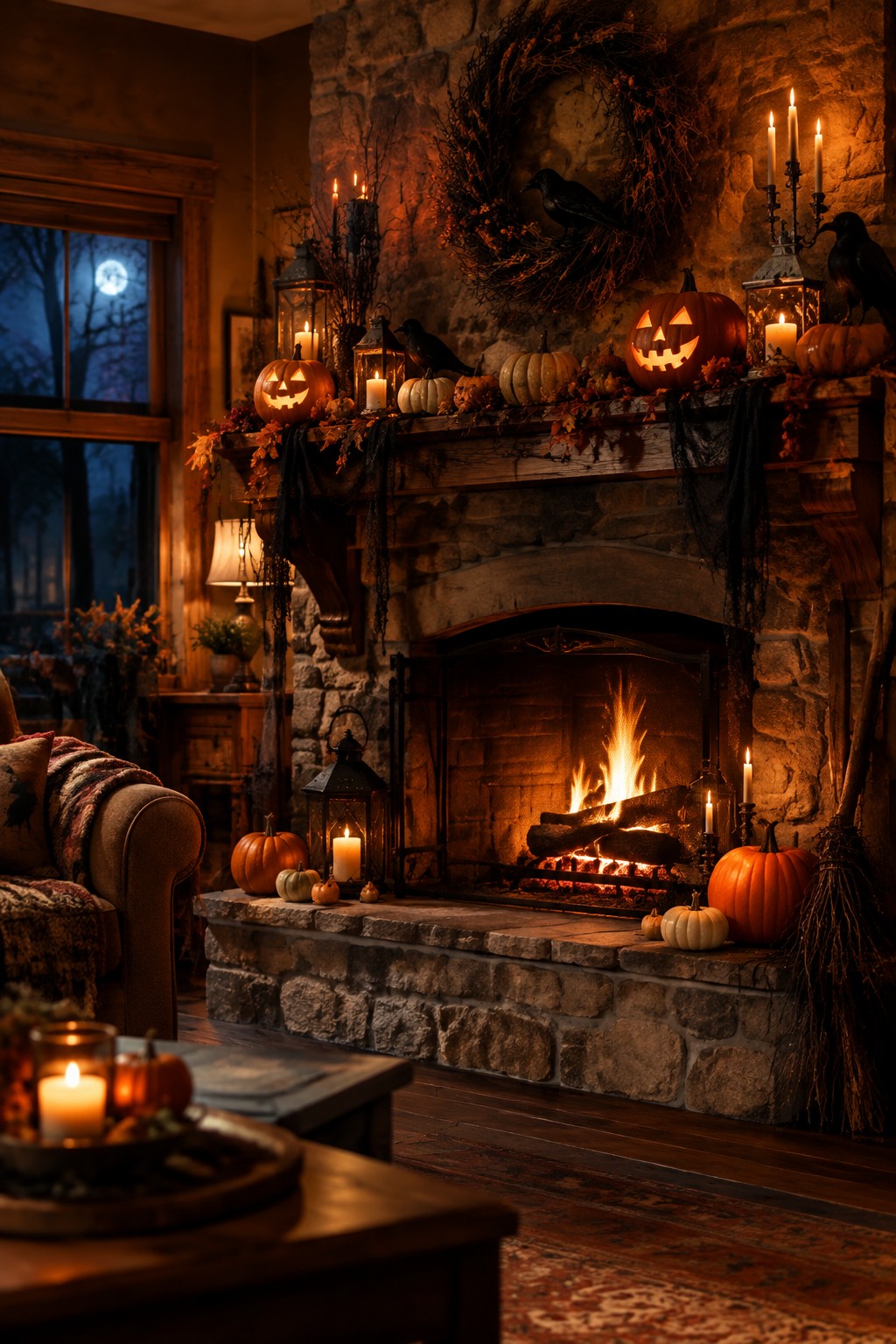 A stone fireplace mantel lined with carved jack o lanterns, black crows, lanterns, and dark foliage.