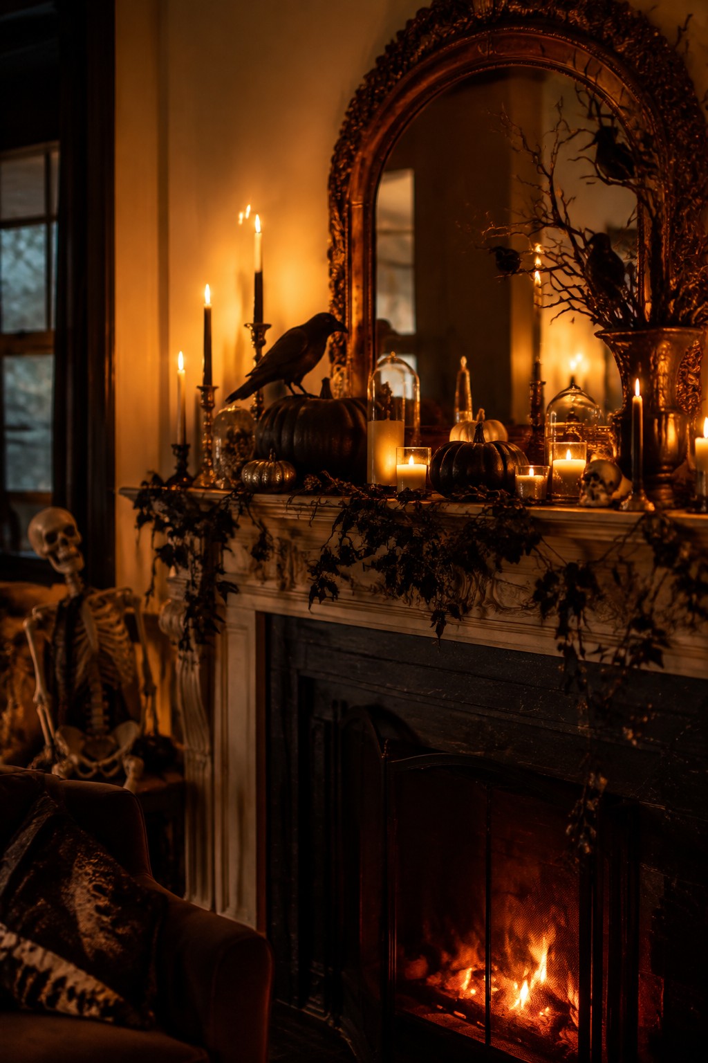 Fireplace mantel styled with black crows, dark pumpkins, skulls, and candles for Halloween.
