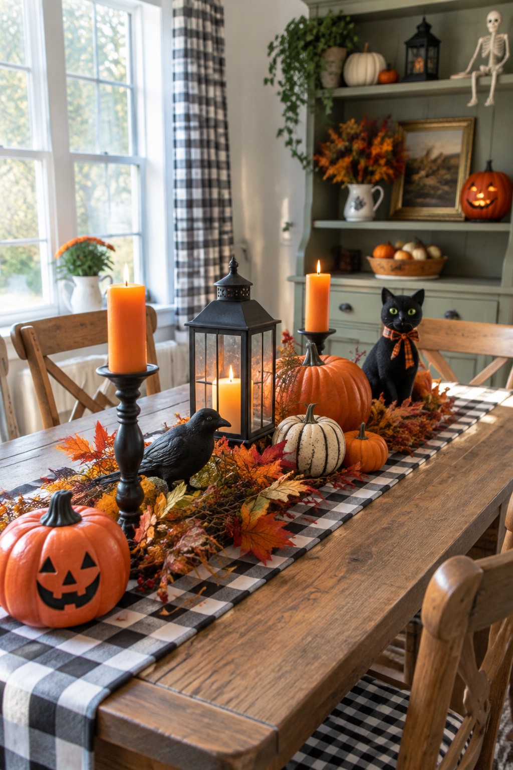 Dining table set with a black and white checkered runner, carved pumpkins, a black lantern, a black cat figurine, and a crow surrounded by autumn leaves.