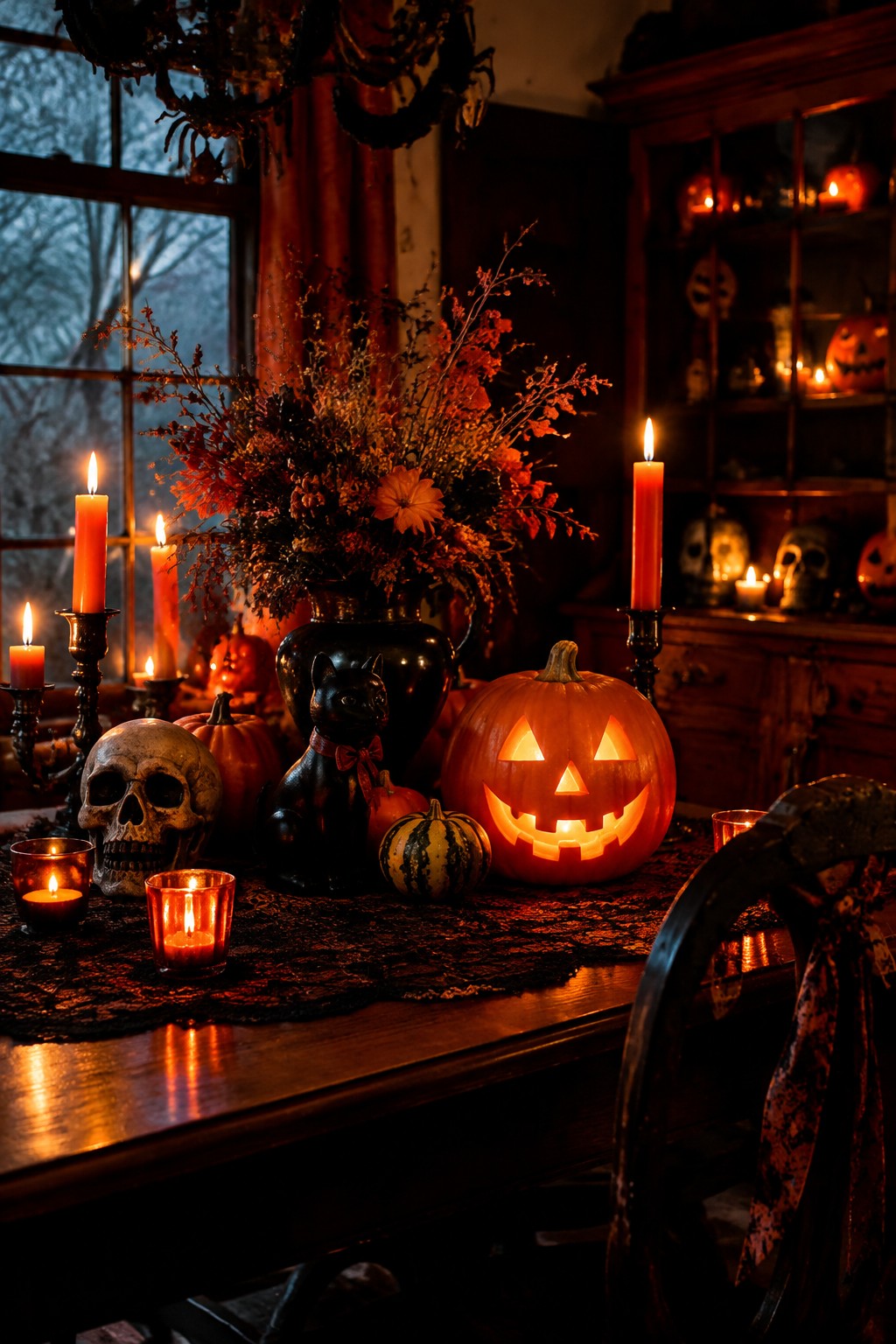 Dining table set with a large glowing jack o lantern, black cat figurine, skulls, and red candles on a dark wooden surface.