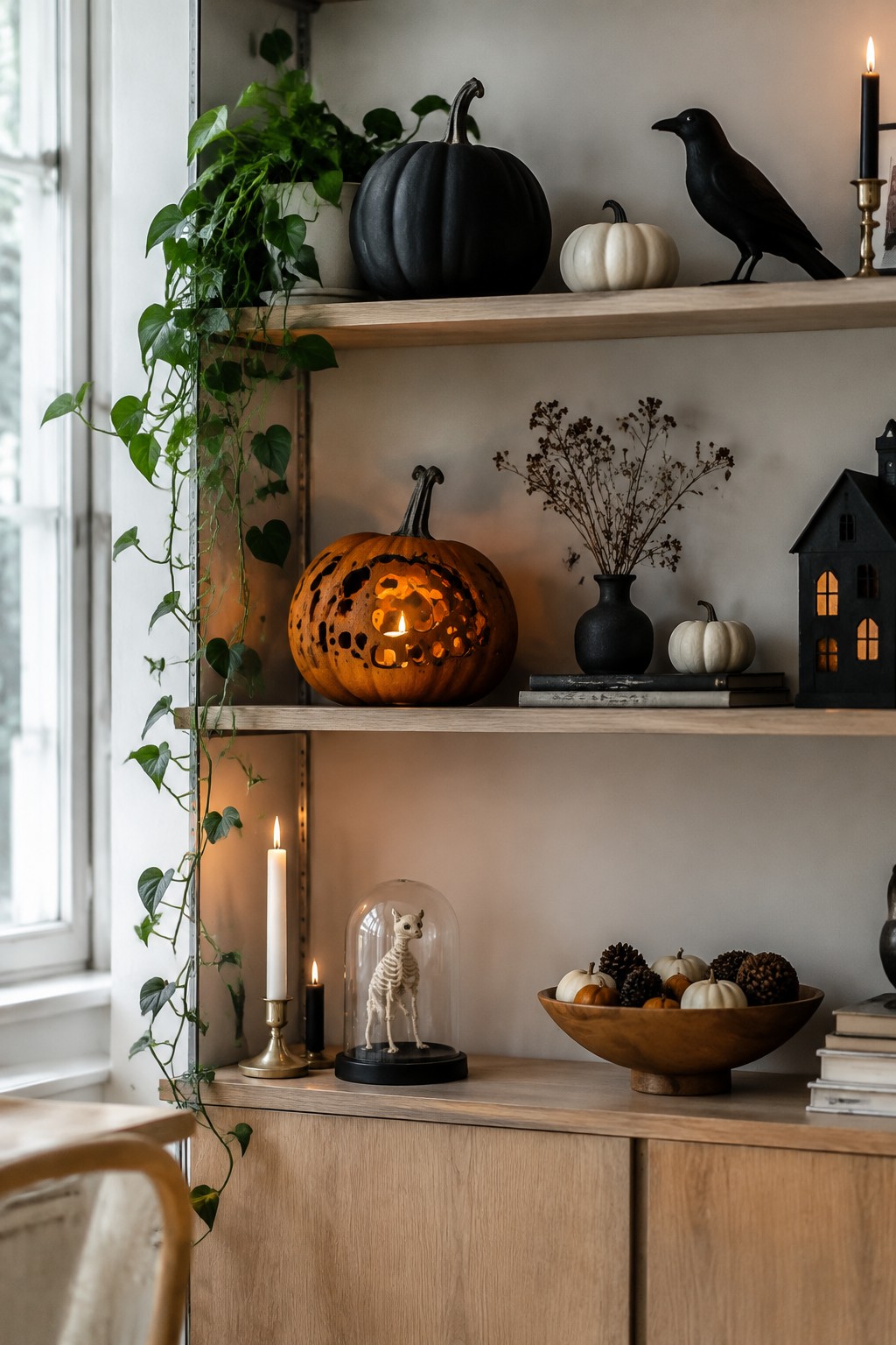 Open wooden shelves styled with a glowing carved jack o lantern, a small skeleton under glass, a black crow, and small white pumpkins.